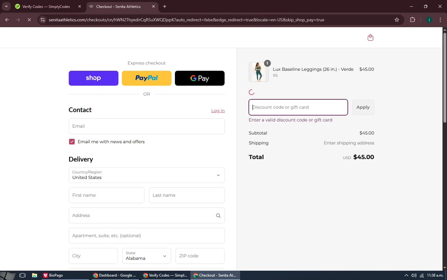 Senita Athletics promo code screenshot showing code emma15 applied at Senita Athletics checkout page. Uploaded by SimplyCodes community member MoneySpotter5416 on Sep 1, 2025