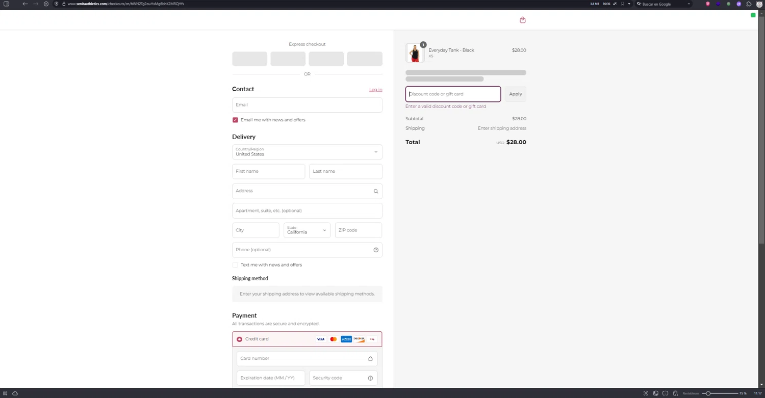 Senita Athletics promo code screenshot showing code emma15 applied at Senita Athletics checkout page. Uploaded by SimplyCodes community member zzzzzzza on Sep 1, 2025
