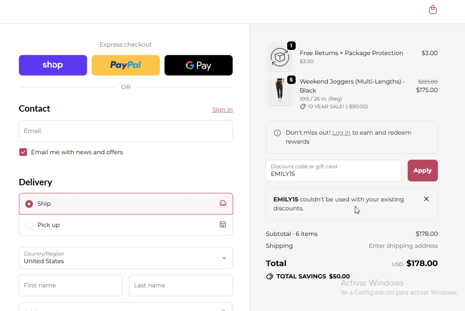 Senita Athletics promo code screenshot showing code EMILY15 applied at Senita Athletics checkout page. Uploaded by SimplyCodes community member ligthYA on Dec 6, 2025