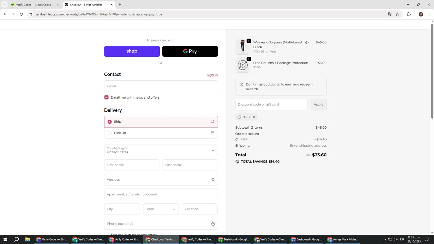 Senita Athletics promo code screenshot showing code HJ24 applied at Senita Athletics checkout page. Uploaded by SimplyCodes community member KTMCRF on Oct 21, 2025