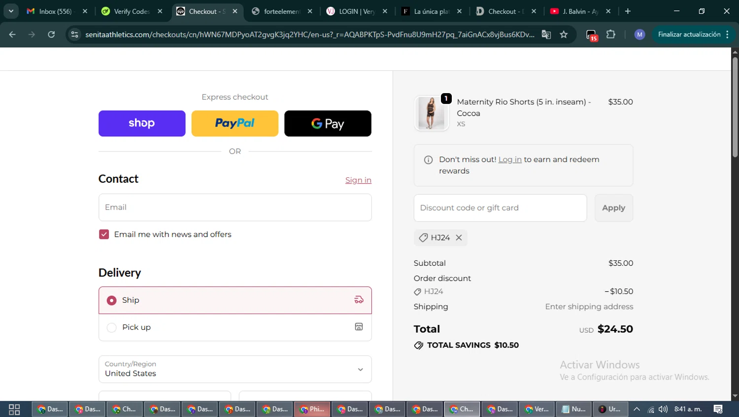 Senita Athletics promo code screenshot showing code HJ24 applied at Senita Athletics checkout page. Uploaded by SimplyCodes community member PrimeFox5260 on Dec 6, 2025