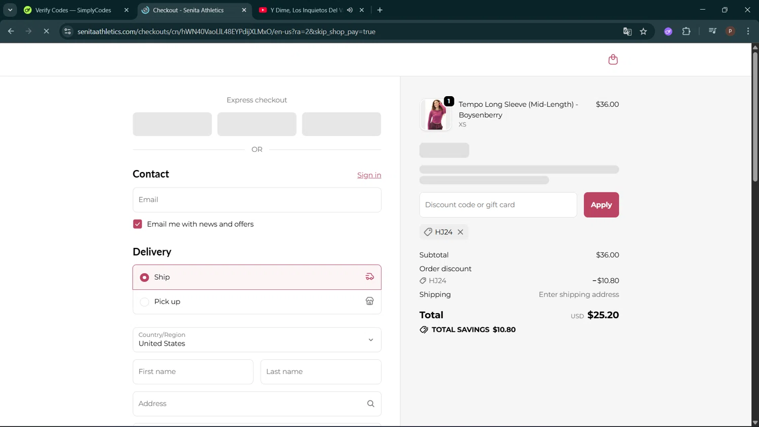Senita Athletics promo code screenshot showing code HJ24 applied at Senita Athletics checkout page. Uploaded by SimplyCodes community member ShrewdPro2243 on Oct 11, 2025