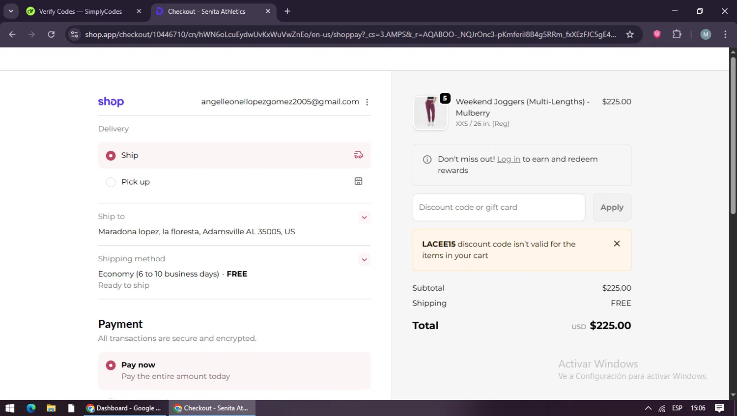 Senita Athletics promo code screenshot showing code LACEE15 applied at Senita Athletics checkout page. Uploaded by SimplyCodes community member maraxo on Dec 24, 2025