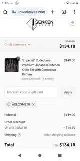 WELCOME10 coupon verification screenshot