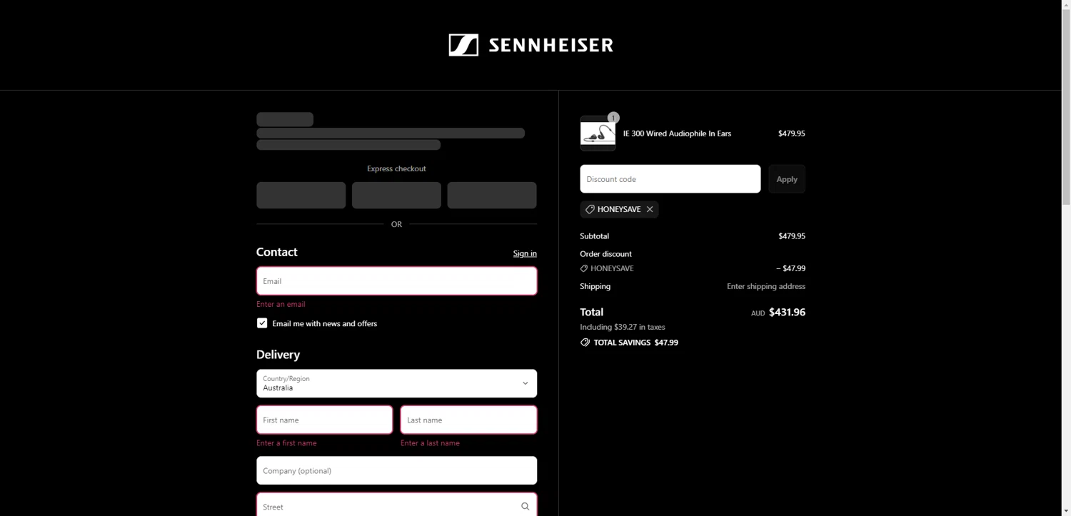 Sennheiser checkout page showing Sennheiser promo code box | Screenshot taken by SimplyCodes community member on Sep 11, 2025