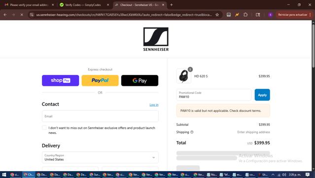 Sennheiser checkout page showing Sennheiser promo code box | Screenshot taken by SimplyCodes community member on Jul 27, 2025