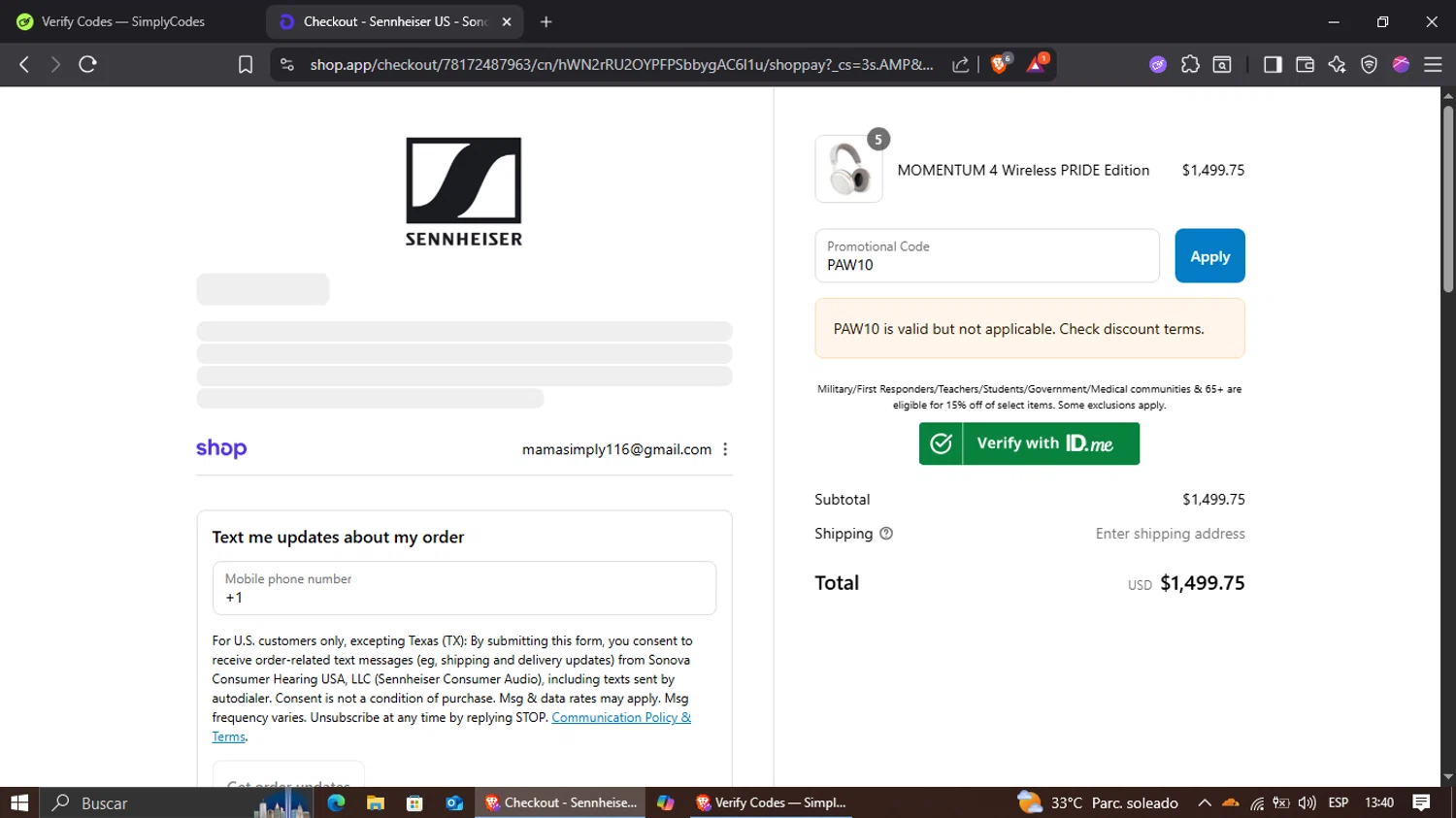 Sennheiser checkout page showing Sennheiser promo code box | Screenshot taken by SimplyCodes community member on Sep 11, 2025