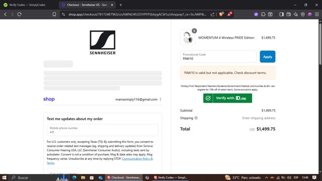 Sennheiser checkout page showing Sennheiser promo code box | Screenshot taken by SimplyCodes community member on Sep 11, 2025