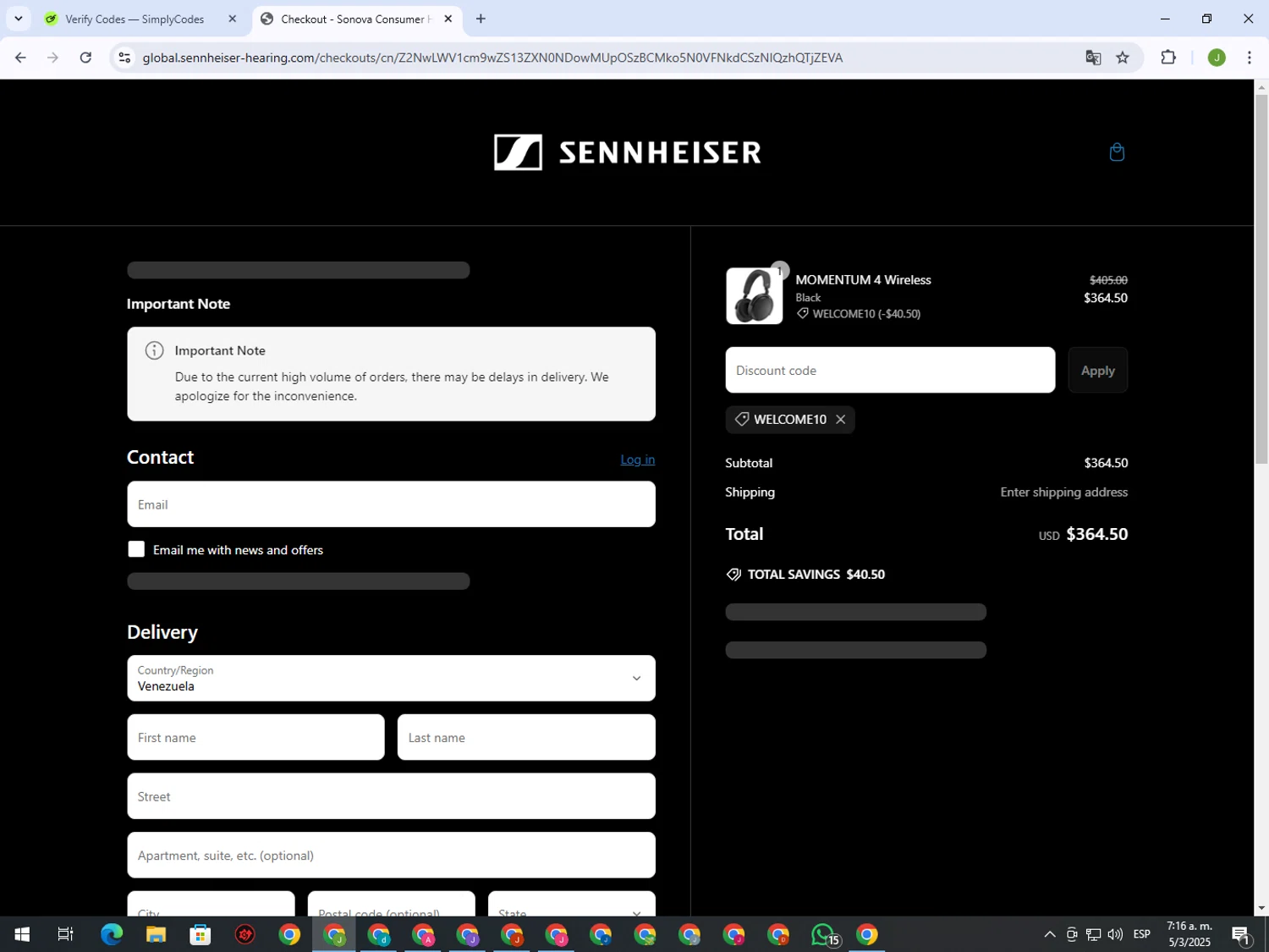 Sennheiser AU promo code screenshot showing code WELCOME10 applied at Sennheiser AU checkout page. Uploaded by SimplyCodes community member MightyFinder1041 on Mar 5, 2025