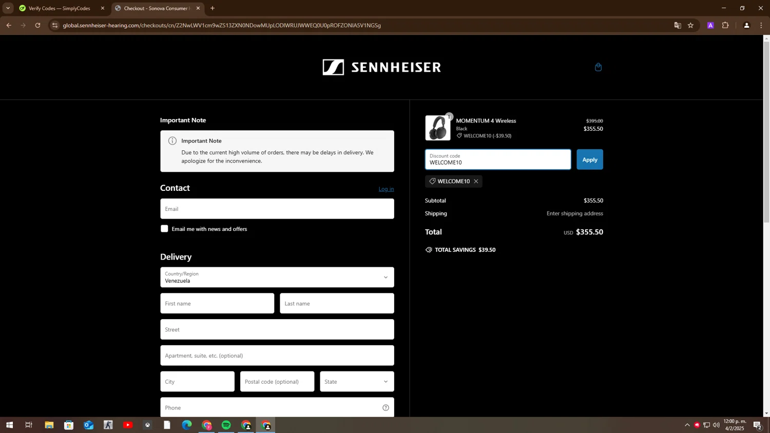 Sennheiser AU promo code screenshot showing code WELCOME10 applied at Sennheiser AU checkout page. Uploaded by SimplyCodes community member BudgetMaven6078 on Feb 4, 2025