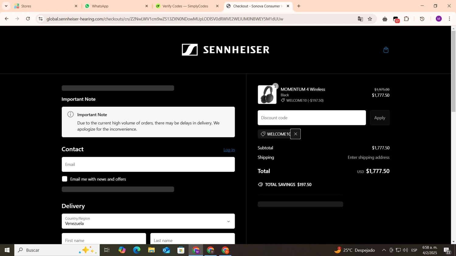 Sennheiser AU promo code screenshot showing code WELCOME10 applied at Sennheiser AU checkout page. Uploaded by SimplyCodes community member cod_gakpo on Feb 4, 2025