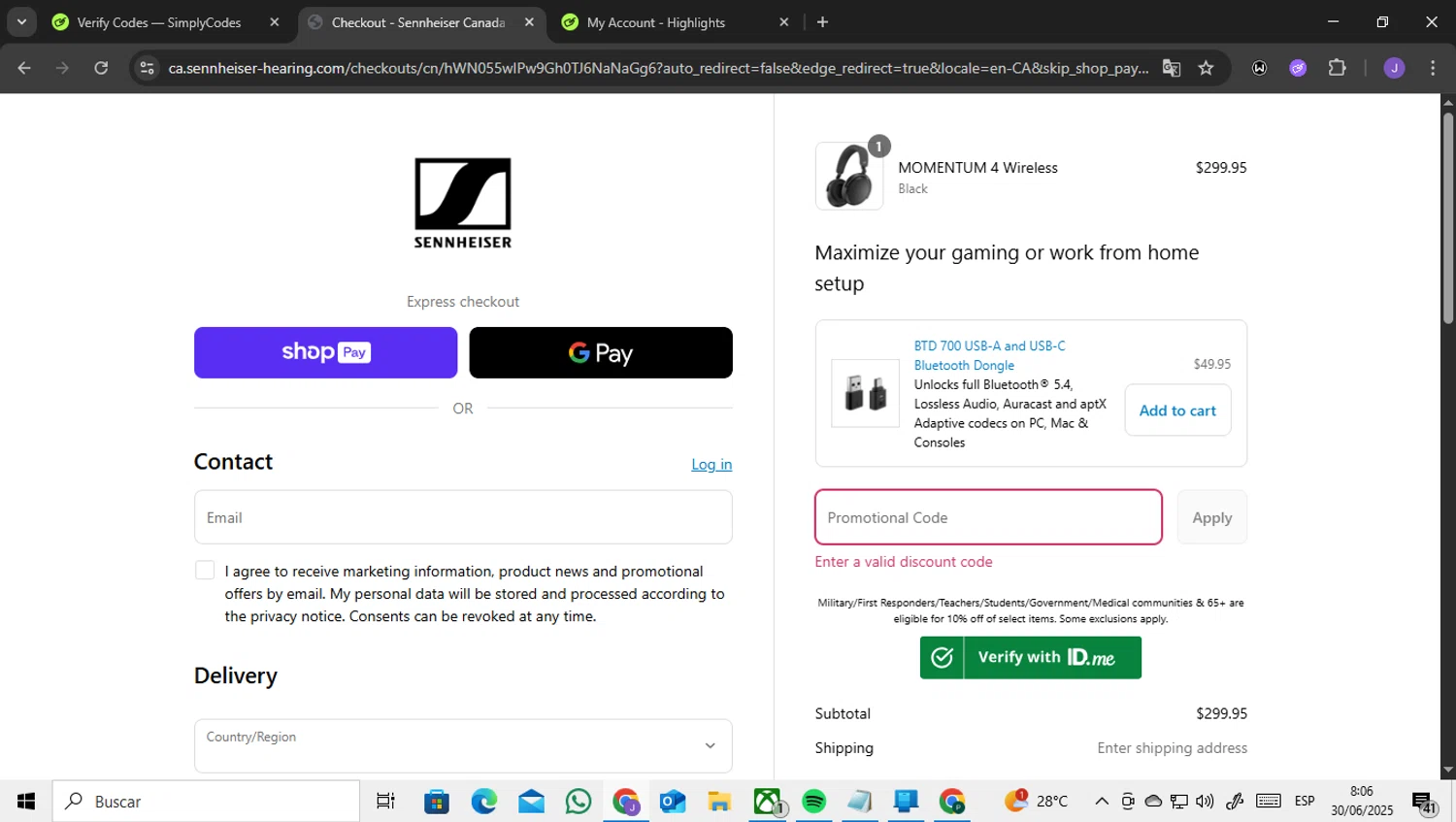 Sennheiser AU promo code screenshot showing code WELCOME10CA applied at Sennheiser AU checkout page. Uploaded by SimplyCodes community member ENCARAMESSI on Jun 30, 2025
