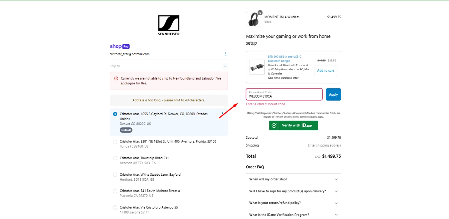 Sennheiser AU promo code screenshot showing code WELCOME10CA applied at Sennheiser AU checkout page. Uploaded by SimplyCodes community member Mari_perez on Jun 30, 2025