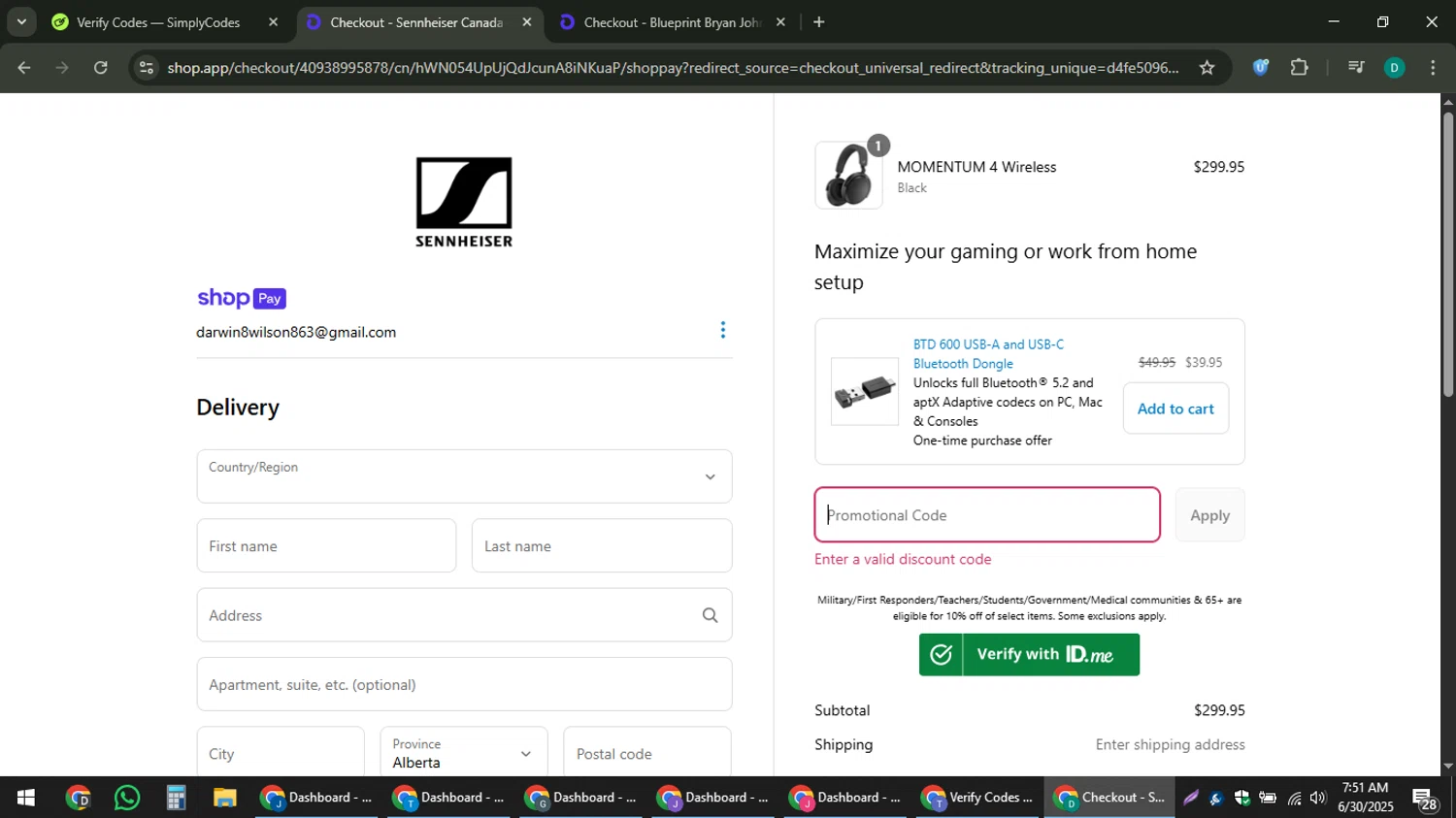 Sennheiser AU promo code screenshot showing code WELCOME10CA applied at Sennheiser AU checkout page. Uploaded by SimplyCodes community member ThriftyLion6776 on Jun 30, 2025
