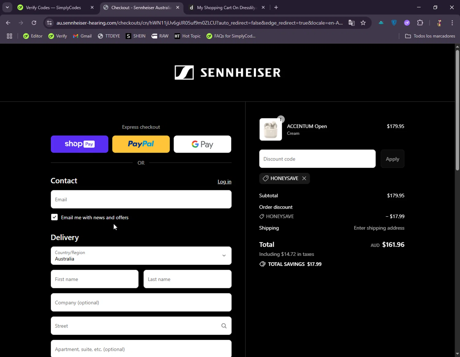 Sennheiser AU promo code screenshot showing code HONEYSAVE applied at Sennheiser AU checkout page. Uploaded by SimplyCodes community member DonGato on Jul 25, 2025