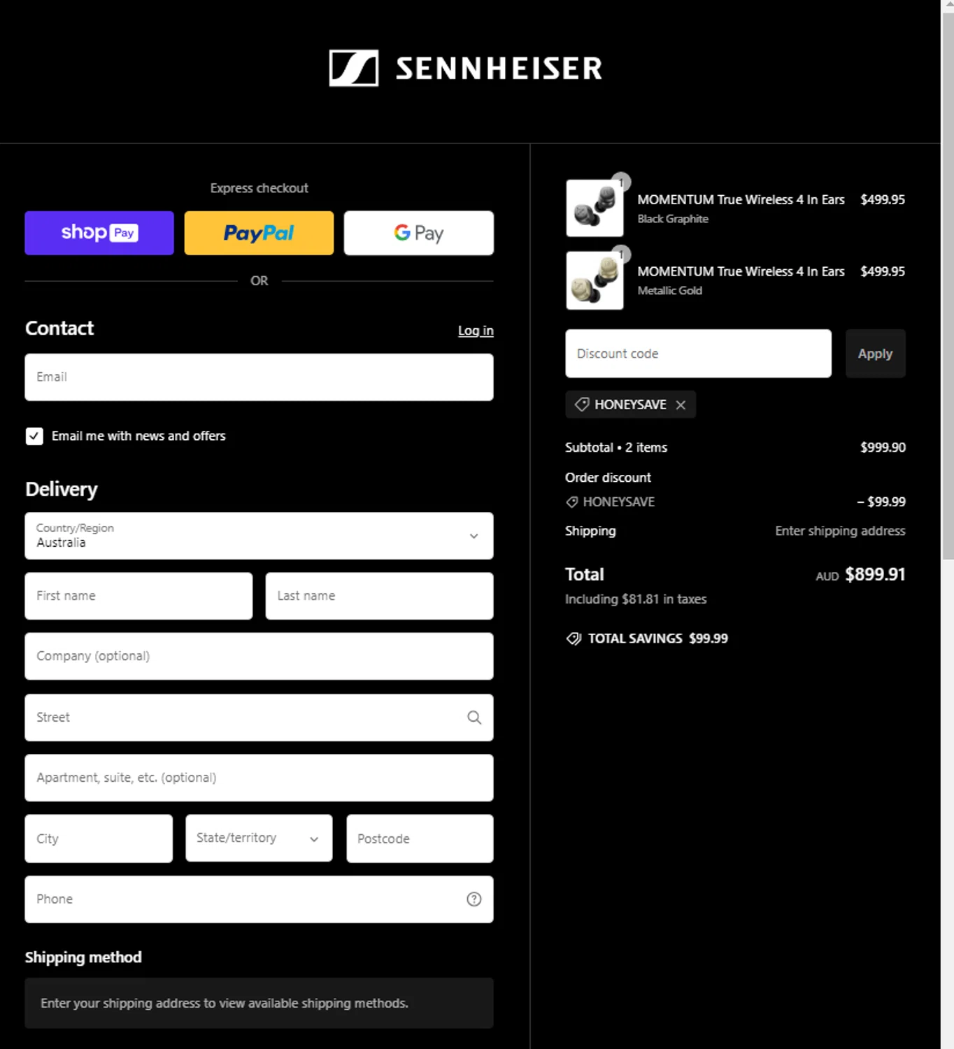 Sennheiser AU promo code screenshot showing code HONEYSAVE applied at Sennheiser AU checkout page. Uploaded by SimplyCodes community member elchino08 on Jan 6, 2025