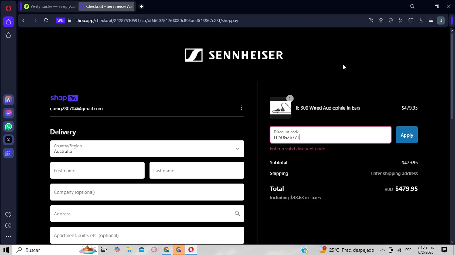 Sennheiser AU promo code screenshot showing code HJ50G2677T applied at Sennheiser AU checkout page. Uploaded by SimplyCodes community member CrownWizard8571 on Feb 9, 2025