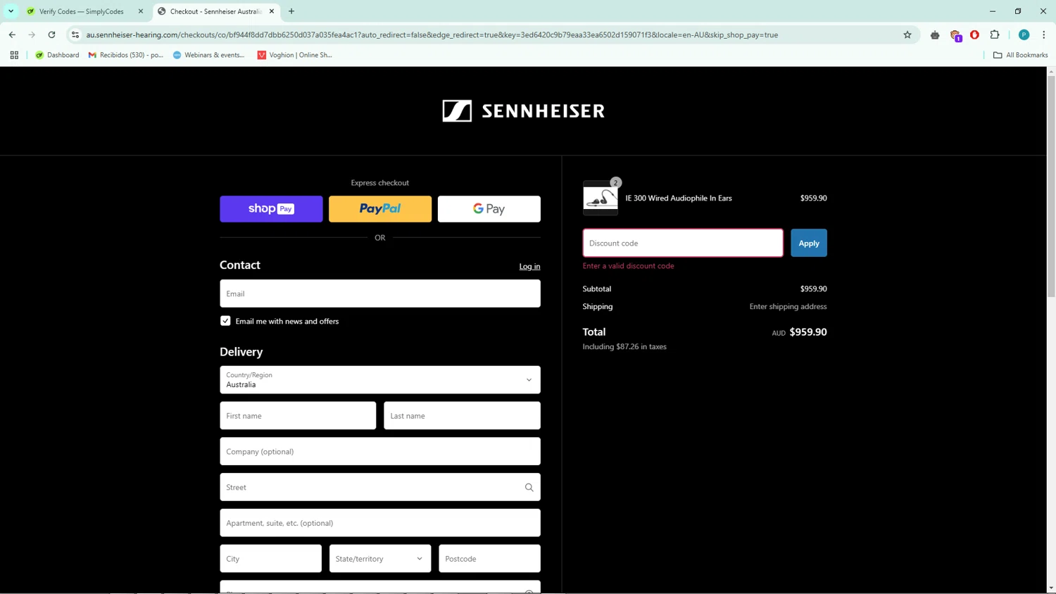 Sennheiser AU promo code screenshot showing code HJ50G2677T applied at Sennheiser AU checkout page. Uploaded by SimplyCodes community member BargainSage1407 on Feb 9, 2025