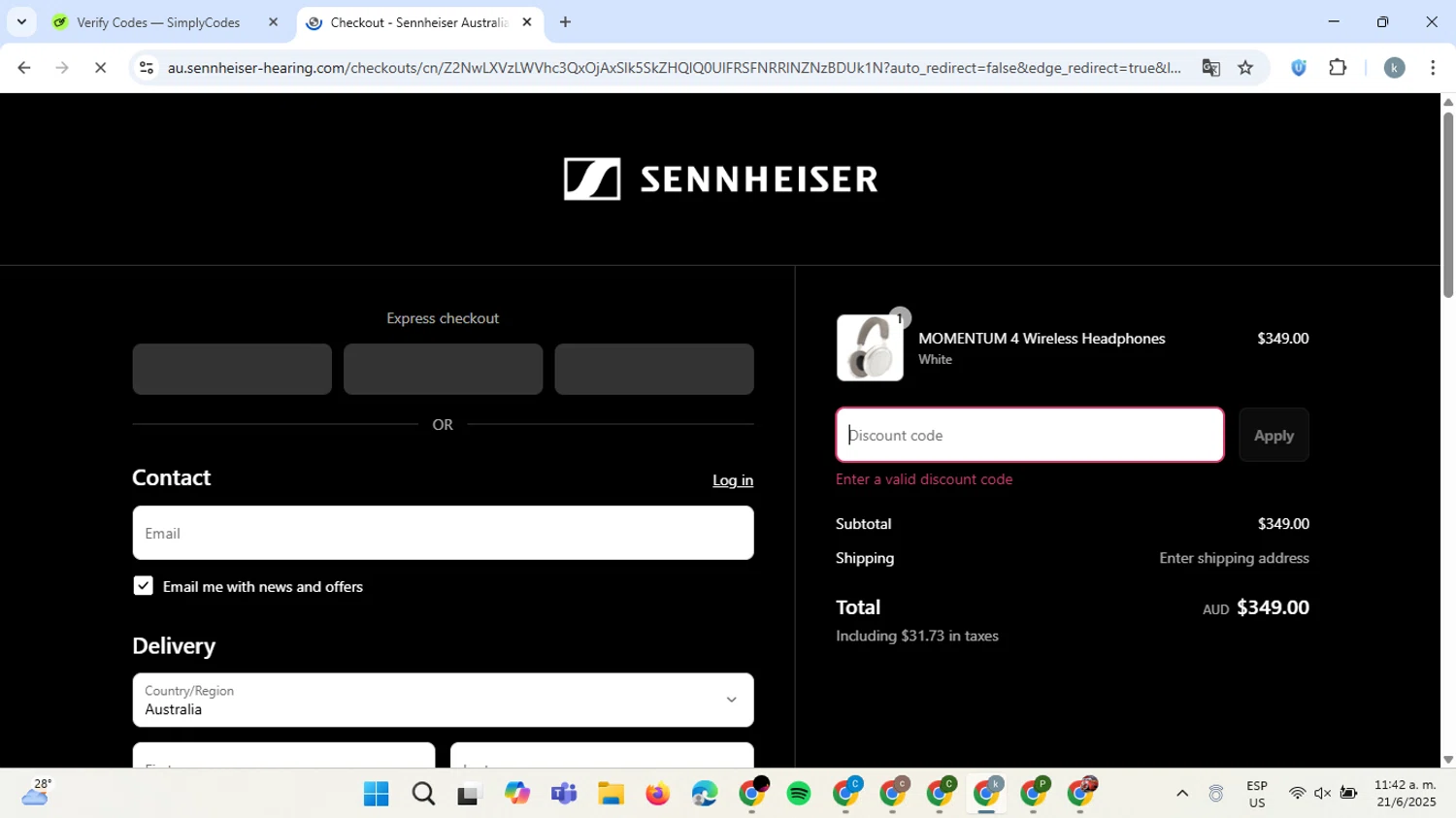 Sennheiser AU promo code screenshot showing code BRAVOSAVE applied at Sennheiser AU checkout page. Uploaded by SimplyCodes community member ValiantCaptain6560 on Jun 21, 2025