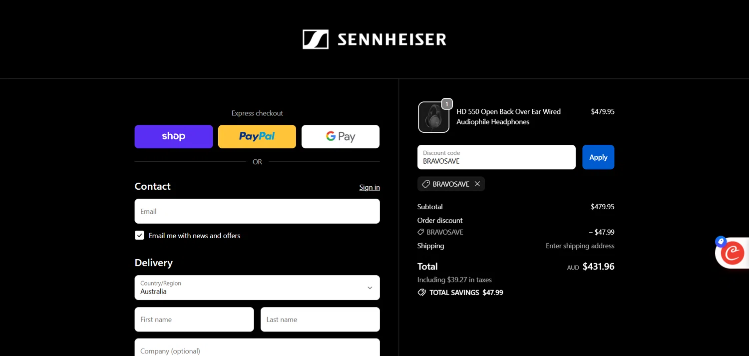 Sennheiser AU promo code screenshot showing code BRAVOSAVE applied at Sennheiser AU checkout page. Uploaded by SimplyCodes community member marielysmorales on Oct 3, 2025