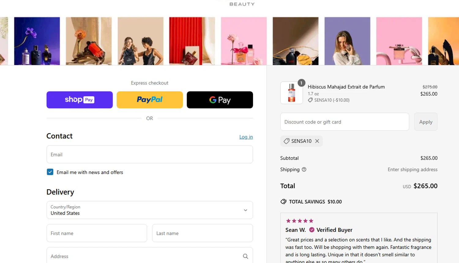 Sensa Beauty discount code screenshot showing code SENSA10 applied at Sensa Beauty checkout page. Uploaded by SimplyCodes community member Coolemorestt on Jun 24, 2025