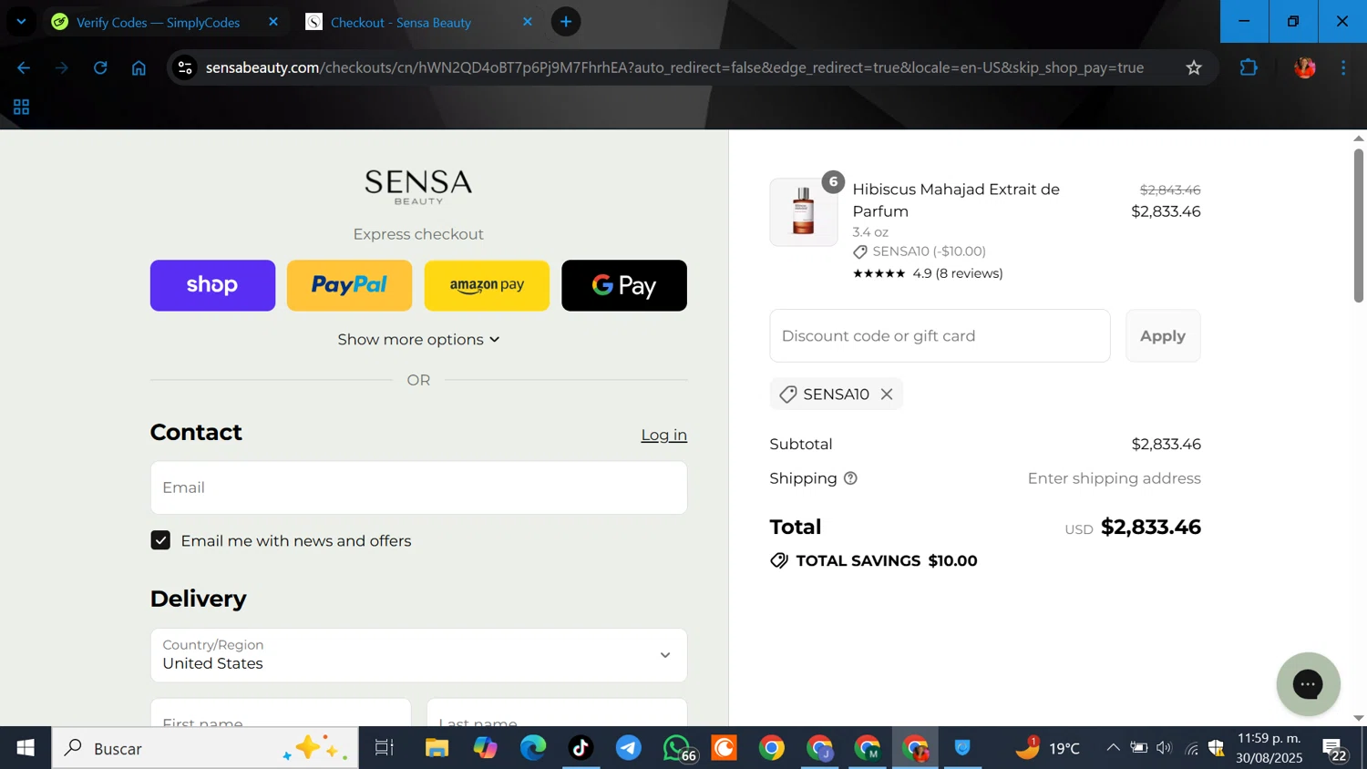Sensa Beauty discount code screenshot showing code SENSA10 applied at Sensa Beauty checkout page. Uploaded by SimplyCodes community member ELGOAT on Aug 31, 2025