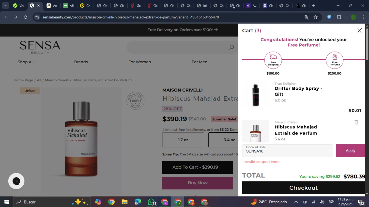 Sensa Beauty discount code screenshot showing code SENSA10 applied at Sensa Beauty checkout page. Uploaded by SimplyCodes community member RewardMaverick445 on Jun 24, 2025