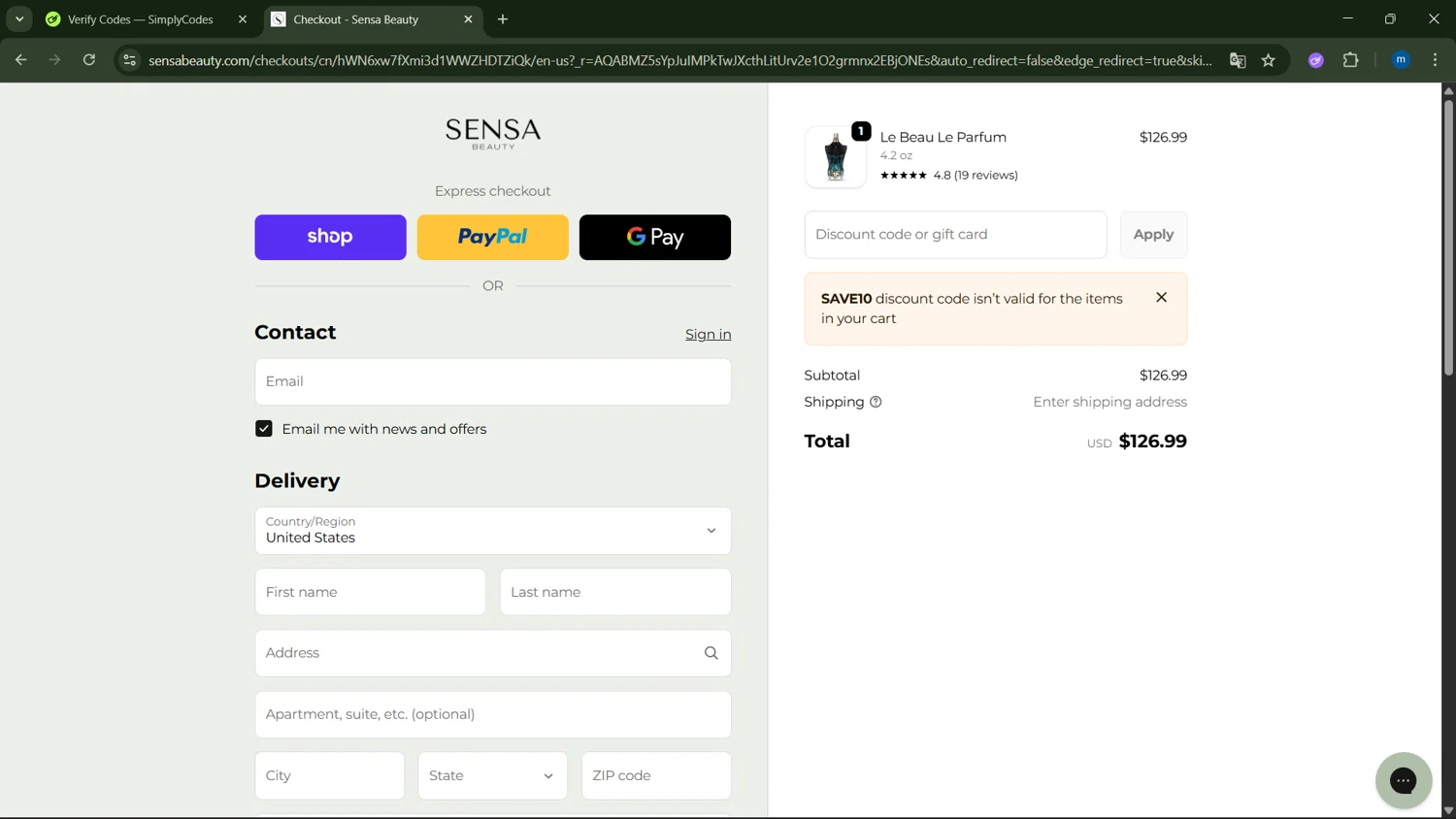 Sensa Beauty discount code screenshot showing code SAVE10 applied at Sensa Beauty checkout page. Uploaded by SimplyCodes community member GloriousSpotter8024 on Dec 28, 2025