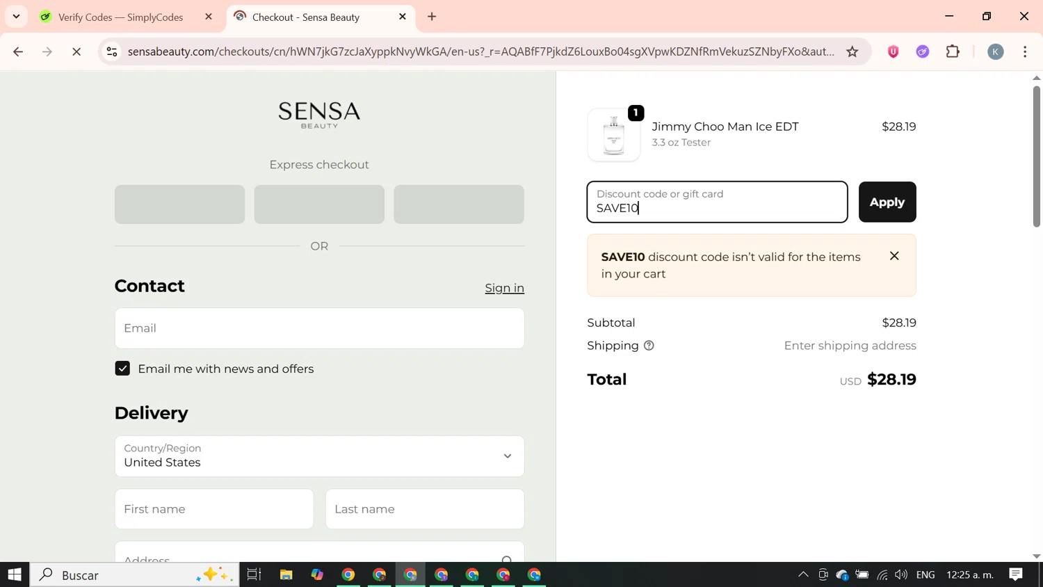 Sensa Beauty discount code screenshot showing code SAVE10 applied at Sensa Beauty checkout page. Uploaded by SimplyCodes community member SavingsBoss9912 on Jan 18, 2026