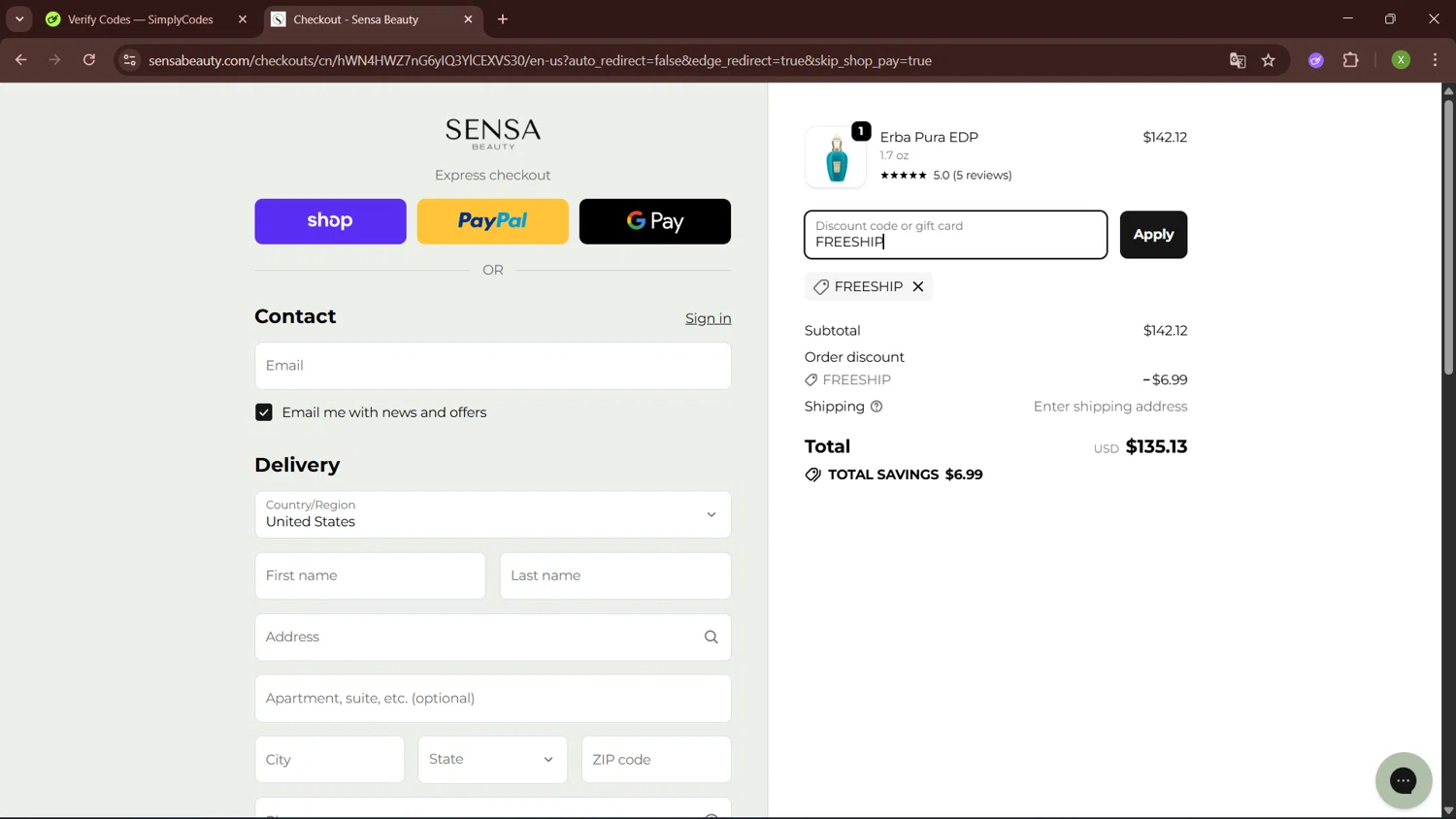 Sensa Beauty discount code screenshot showing code FREESHIP applied at Sensa Beauty checkout page. Uploaded by SimplyCodes community member SaleTiger1087 on Oct 19, 2025