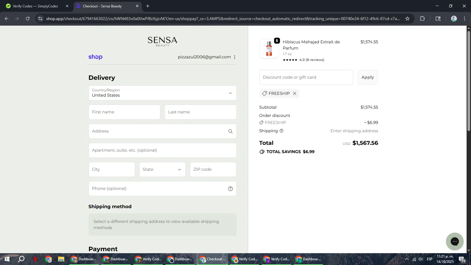 Sensa Beauty discount code screenshot showing code FREESHIP applied at Sensa Beauty checkout page. Uploaded by SimplyCodes community member ShrewdSeeker6165 on Oct 15, 2025