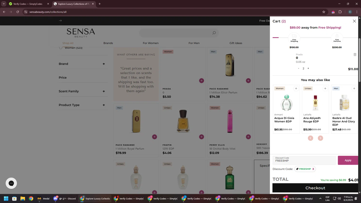 Sensa Beauty discount code screenshot showing code FREESHIP applied at Sensa Beauty checkout page. Uploaded by SimplyCodes community member GloriousPioneer2942 on Apr 6, 2025