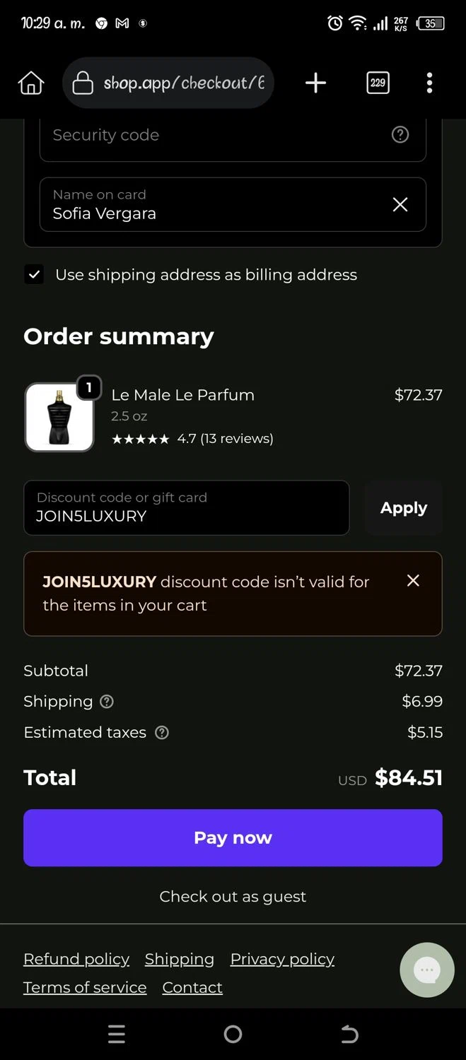 Sensa Beauty discount code screenshot showing code JOIN5LUXURY applied at Sensa Beauty checkout page. Uploaded by SimplyCodes community member Pipina11 on Nov 10, 2025