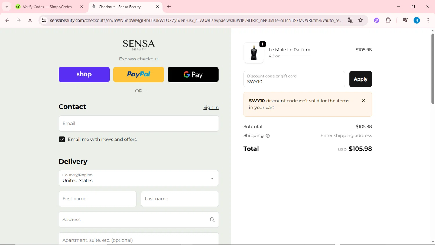 Sensa Beauty discount code screenshot showing code SWY10 applied at Sensa Beauty checkout page. Uploaded by SimplyCodes community member QuestOwl6398 on Nov 28, 2025