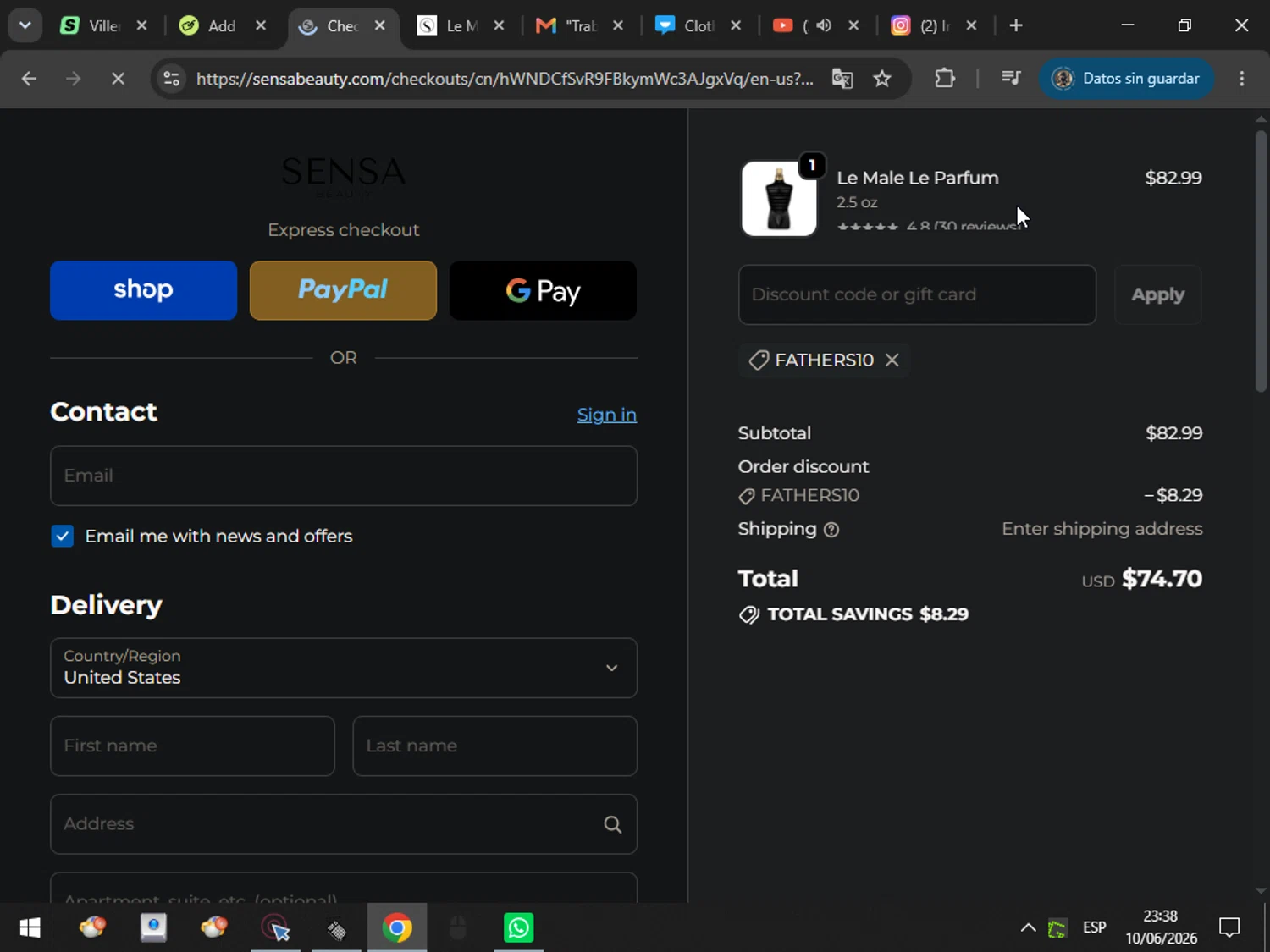 Sensa Beauty promo code screenshot showing code Fathers10 applied at Sensa Beauty checkout page. Uploaded by SimplyCodes community member MarcosAranguren on Jun 11, 2026