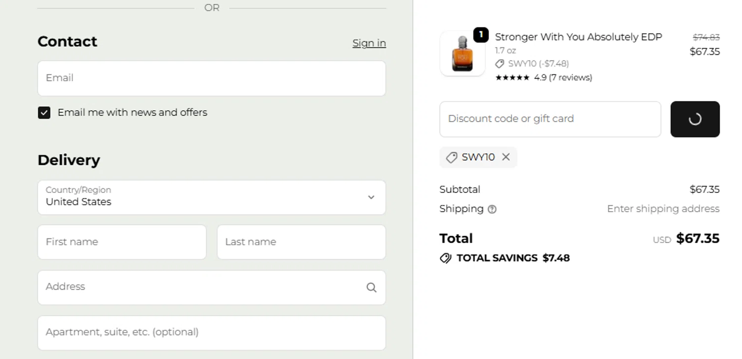 Sensa Beauty discount code screenshot showing code SWY10 applied at Sensa Beauty checkout page. Uploaded by SimplyCodes community member ashe1986 on Nov 10, 2025
