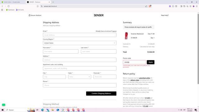 SENSER checkout page showing SENSER promo code box | Screenshot taken by SimplyCodes community member on Sep 6, 2025