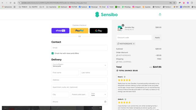 Sensibo checkout page showing Sensibo promo code box | Screenshot taken by SimplyCodes community member on Aug 8, 2025