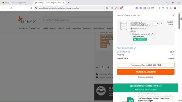 Sensilab checkout page showing Sensilab discount code box | Screenshot taken by SimplyCodes community member on Sep 13, 2025