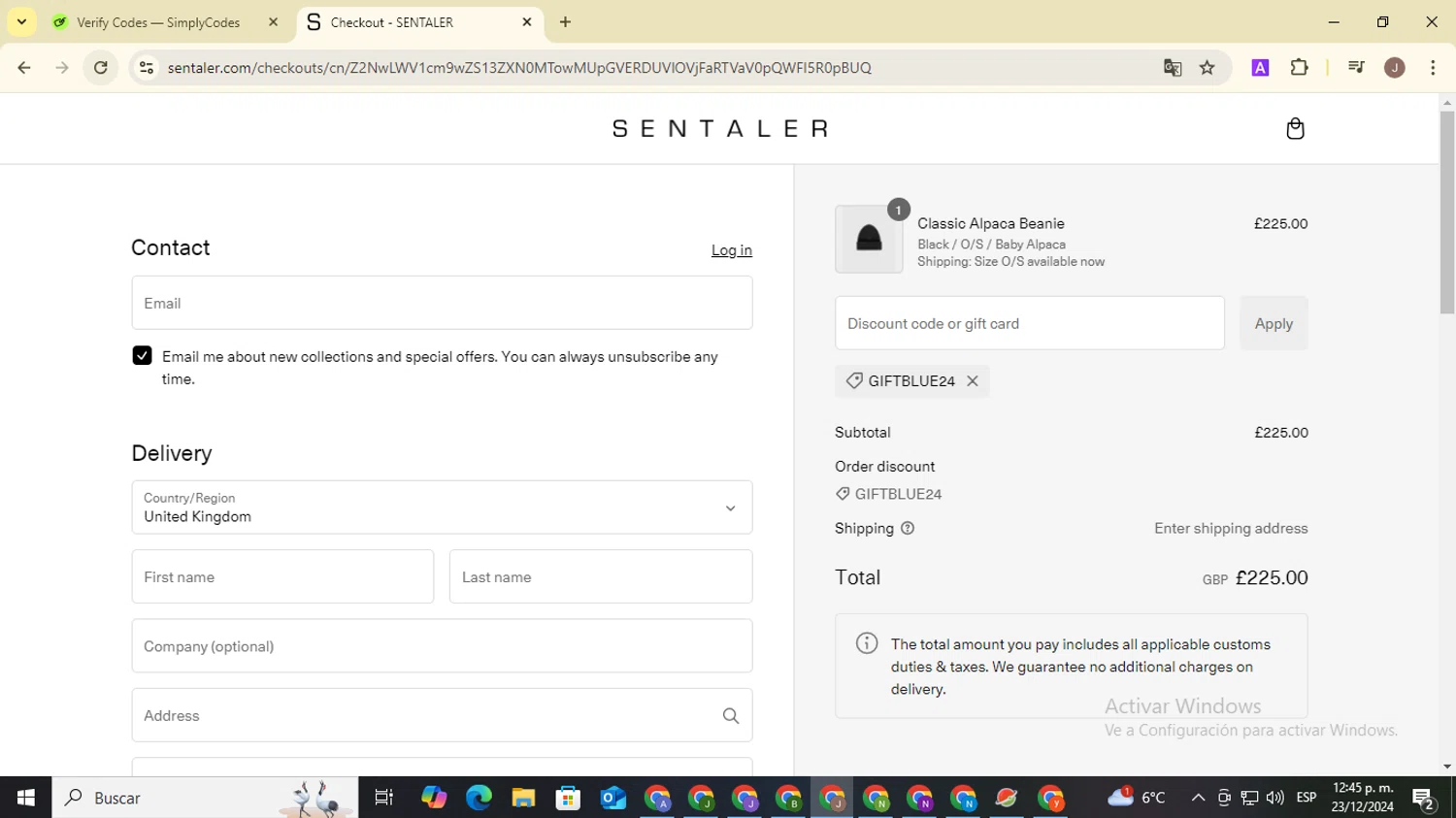 Sentaler checkout page showing Sentaler promo code box | Screenshot taken by SimplyCodes community member on Dec 23, 2024