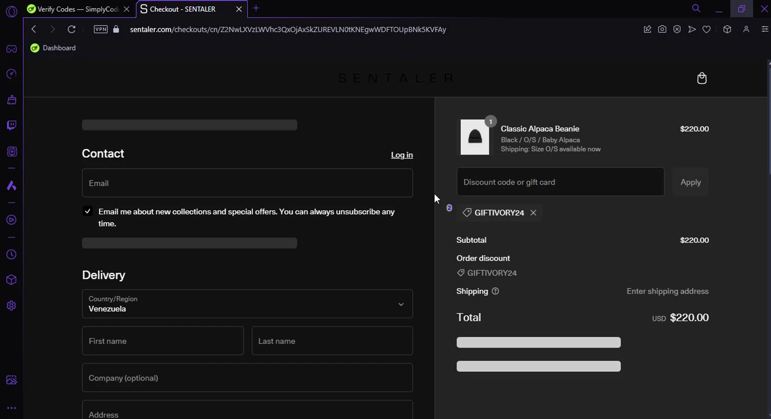 Sentaler checkout page showing Sentaler promo code box | Screenshot taken by SimplyCodes community member on Dec 23, 2024