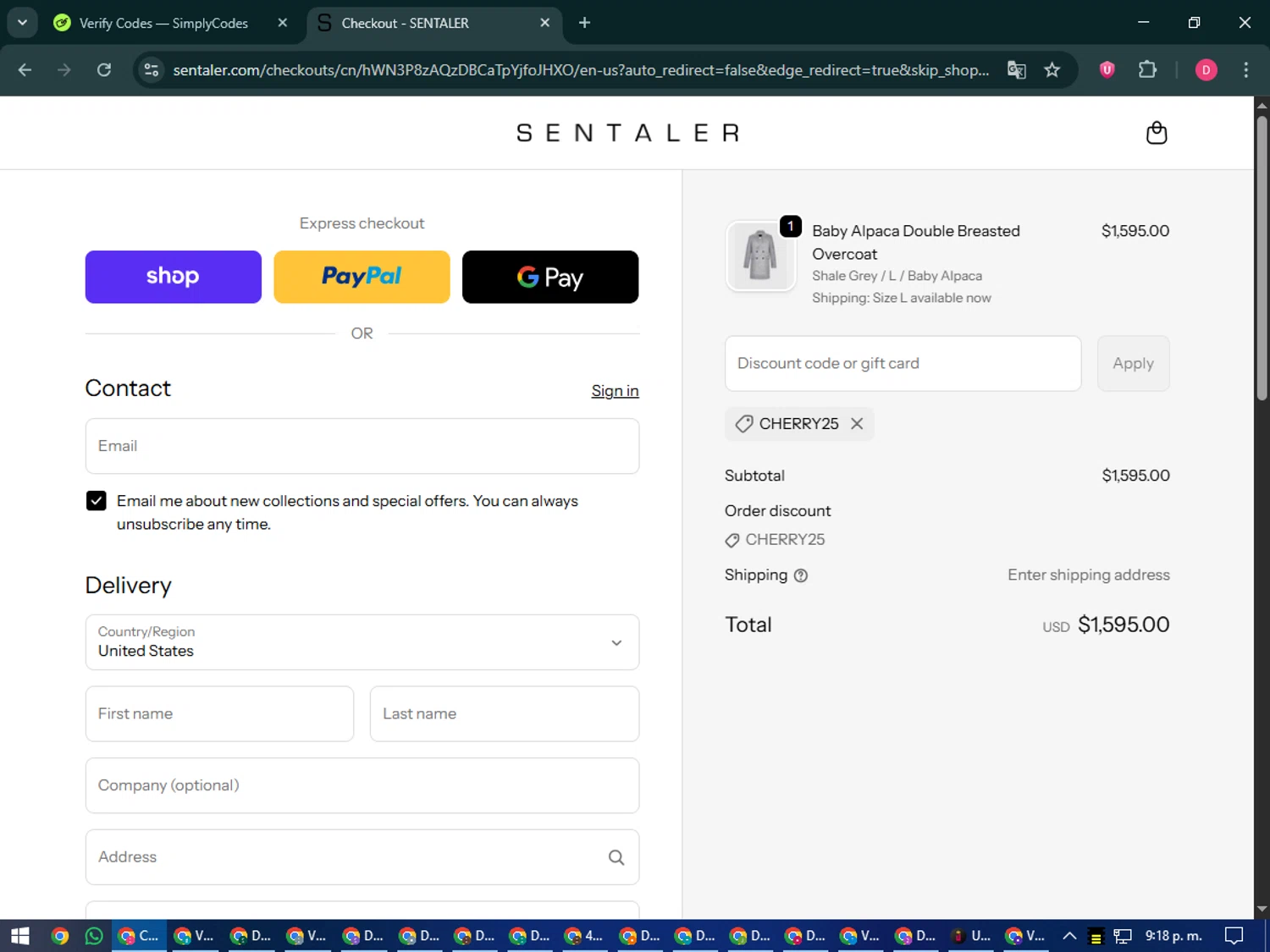 Sentaler promo code screenshot showing code CHERRY25 applied at Sentaler checkout page. Uploaded by SimplyCodes community member MoneySeeker7165 on Sep 26, 2025