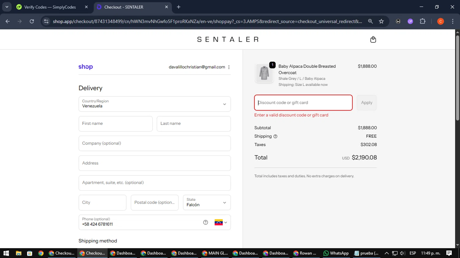 Sentaler promo code screenshot showing code POWDERBLUE25 applied at Sentaler checkout page. Uploaded by SimplyCodes community member NatanaelCano on Oct 6, 2025