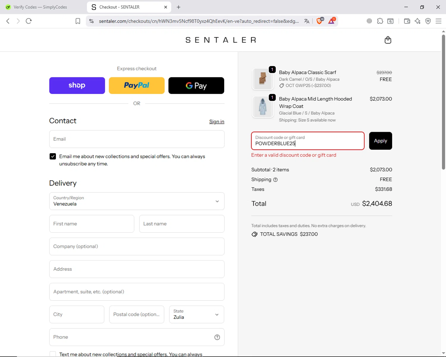 Sentaler promo code screenshot showing code POWDERBLUE25 applied at Sentaler checkout page. Uploaded by SimplyCodes community member ShieldAdmiral6835 on Oct 6, 2025