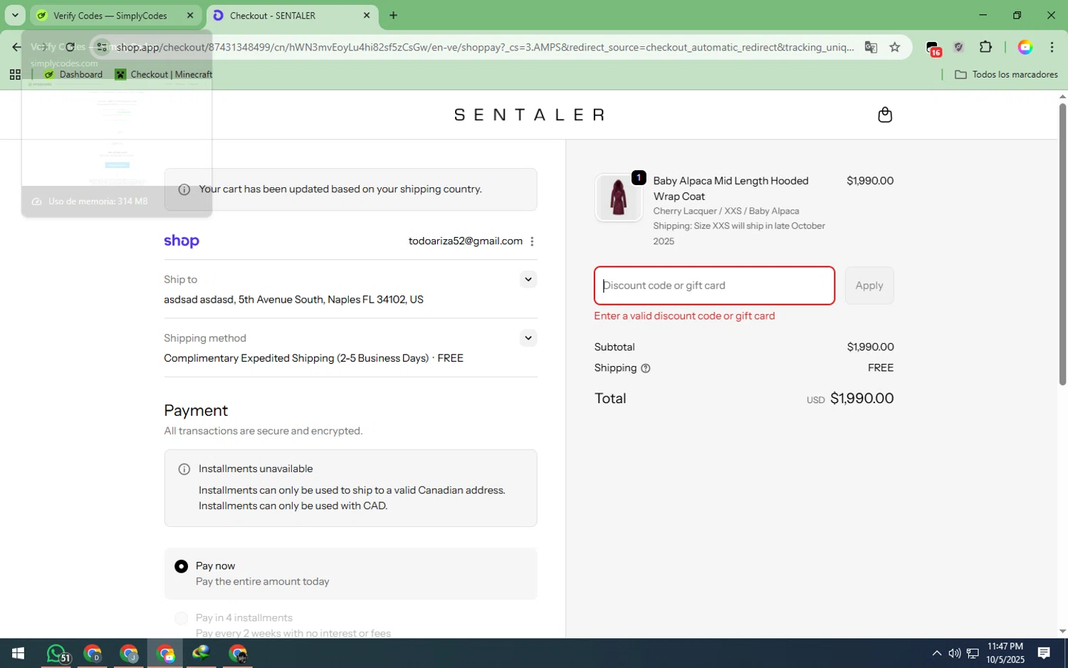 Sentaler promo code screenshot showing code GREY25 applied at Sentaler checkout page. Uploaded by SimplyCodes community member EpicTiger3556 on Oct 6, 2025