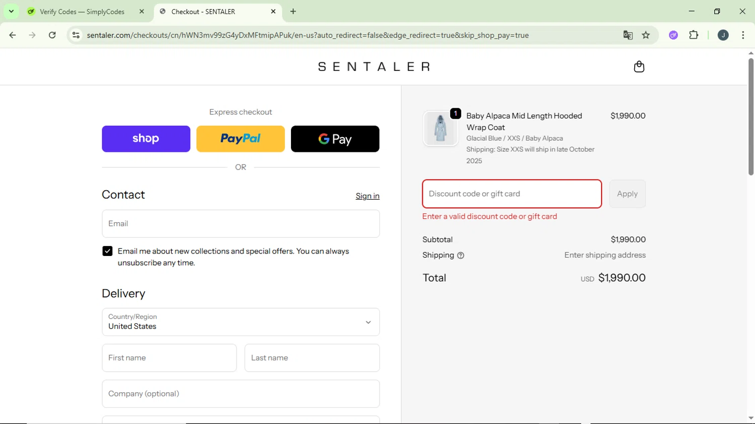 Sentaler promo code screenshot showing code GREY25 applied at Sentaler checkout page. Uploaded by SimplyCodes community member GloriousCollector9930 on Oct 6, 2025