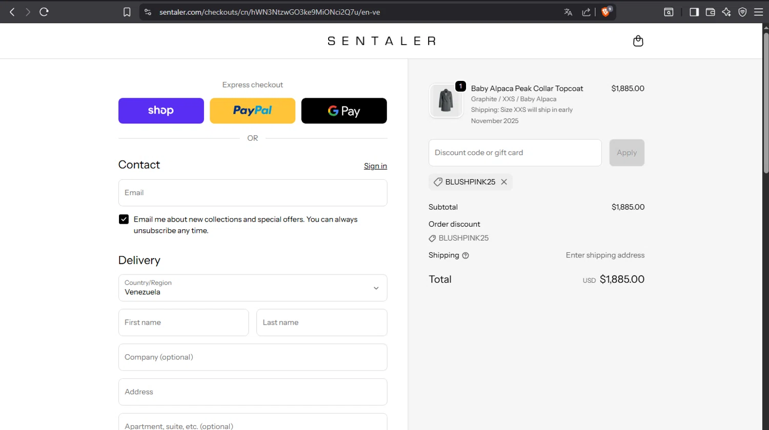 Sentaler promo code screenshot showing code BLUSHPINK25 applied at Sentaler checkout page. Uploaded by SimplyCodes community member crischidy25 on Sep 26, 2025