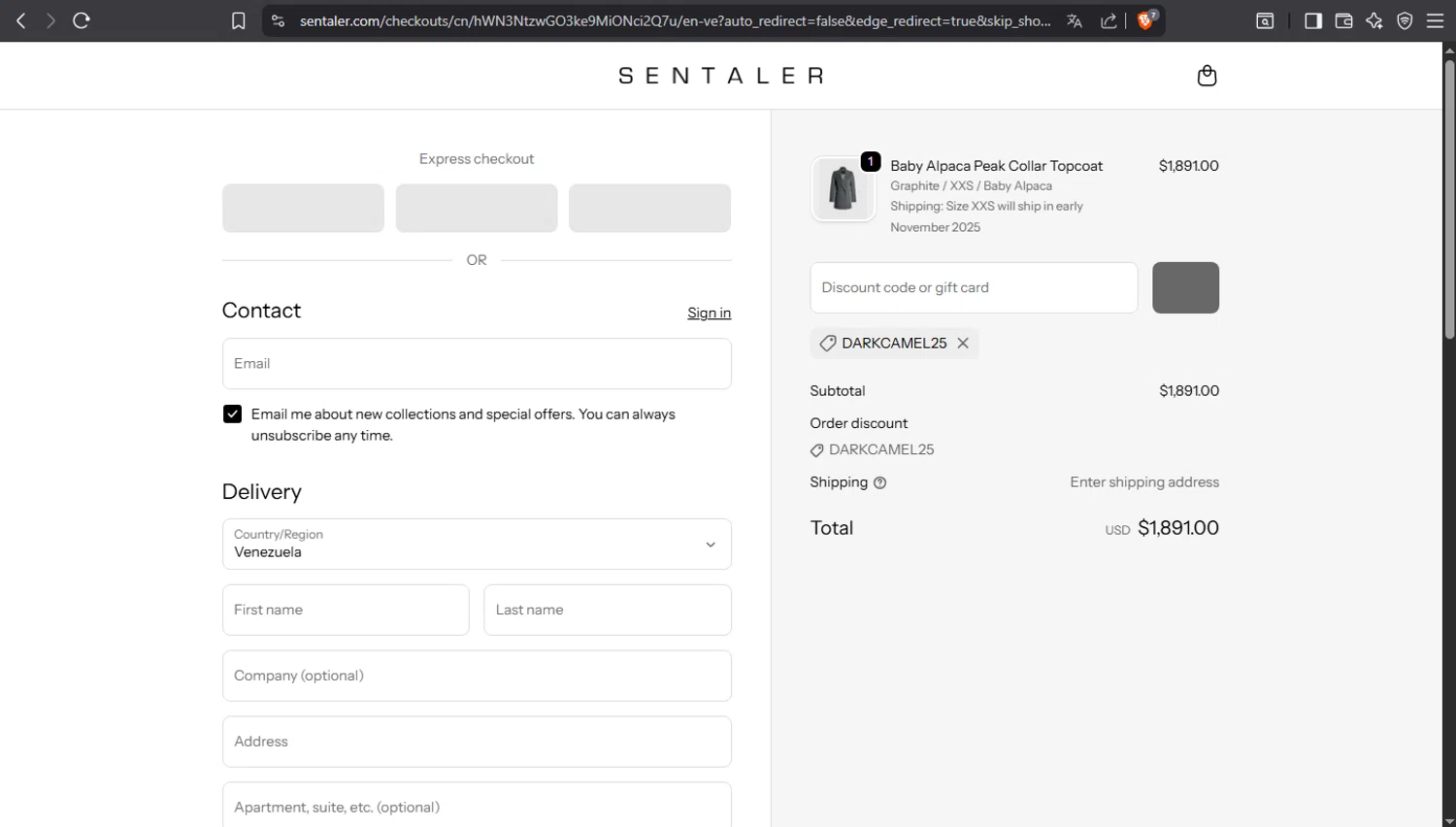 Sentaler promo code screenshot showing code DARKCAMEL25 applied at Sentaler checkout page. Uploaded by SimplyCodes community member crischidy25 on Sep 25, 2025