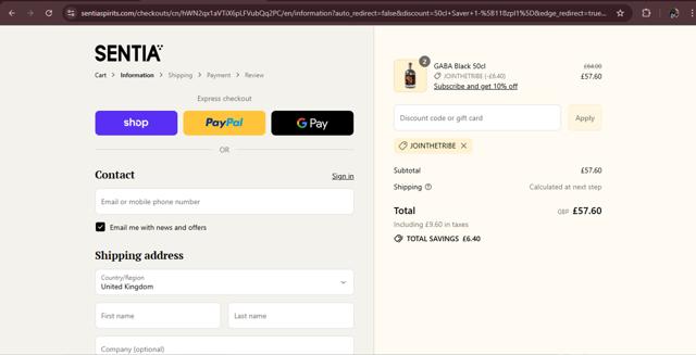 Sentia Spirits checkout page showing Sentia Spirits promo code box | Screenshot taken by SimplyCodes community member on Sep 11, 2025