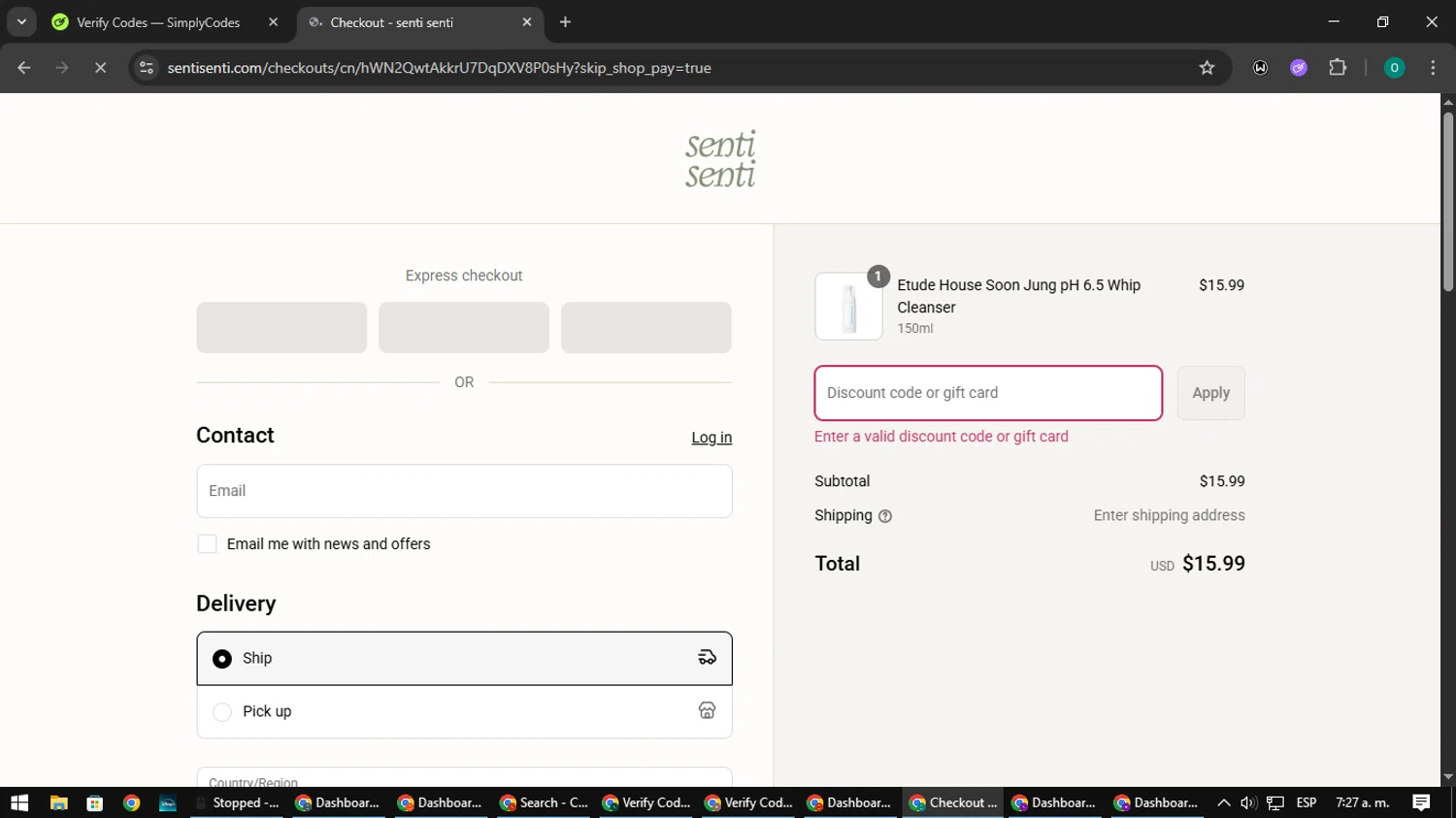 Senti senti discount code screenshot showing code IZZYCHEN10 applied at Senti senti checkout page. Uploaded by SimplyCodes community member LuckyDefender9428 on Aug 31, 2025